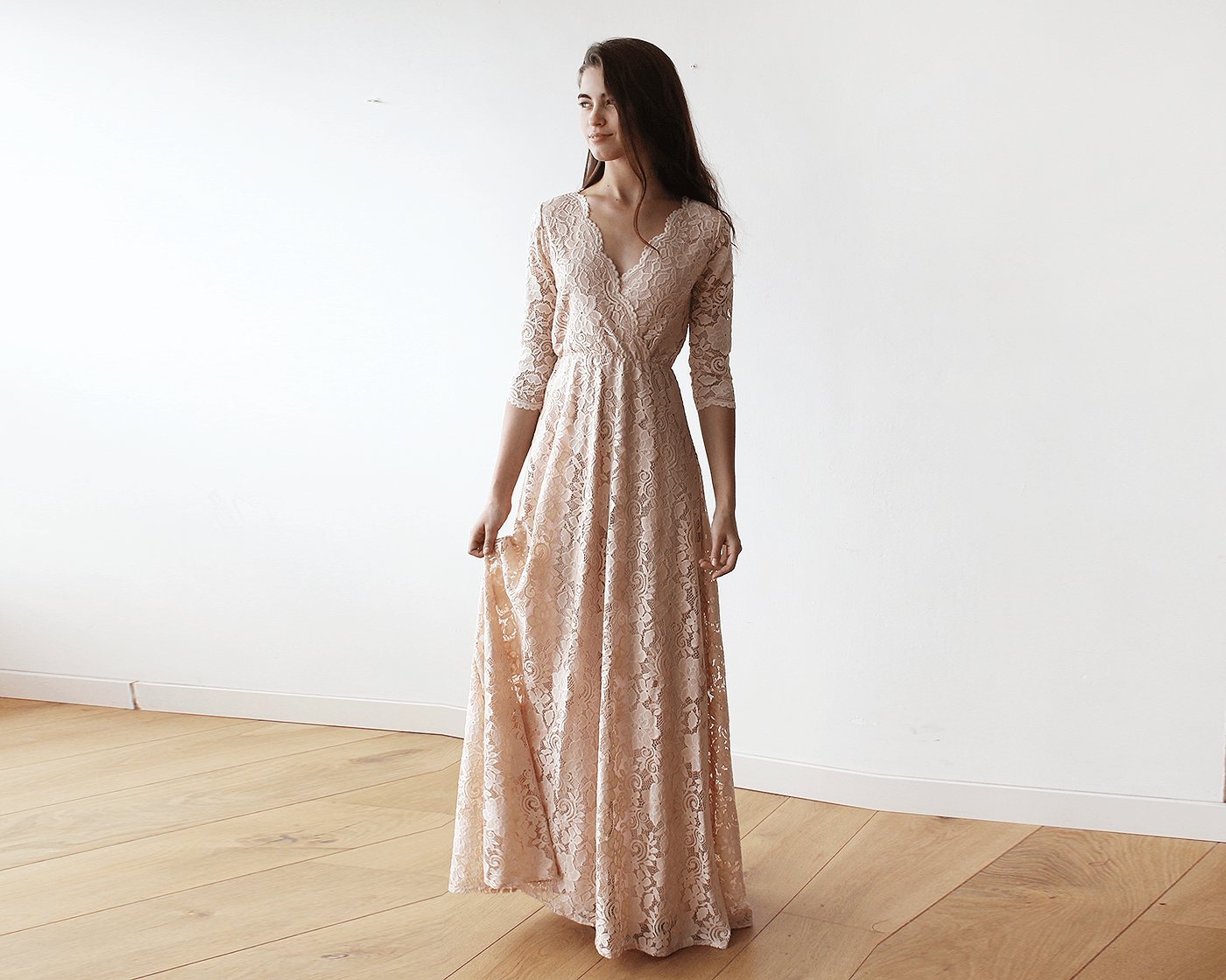 Lace Long Sleeve Blush-Pink Gown ...