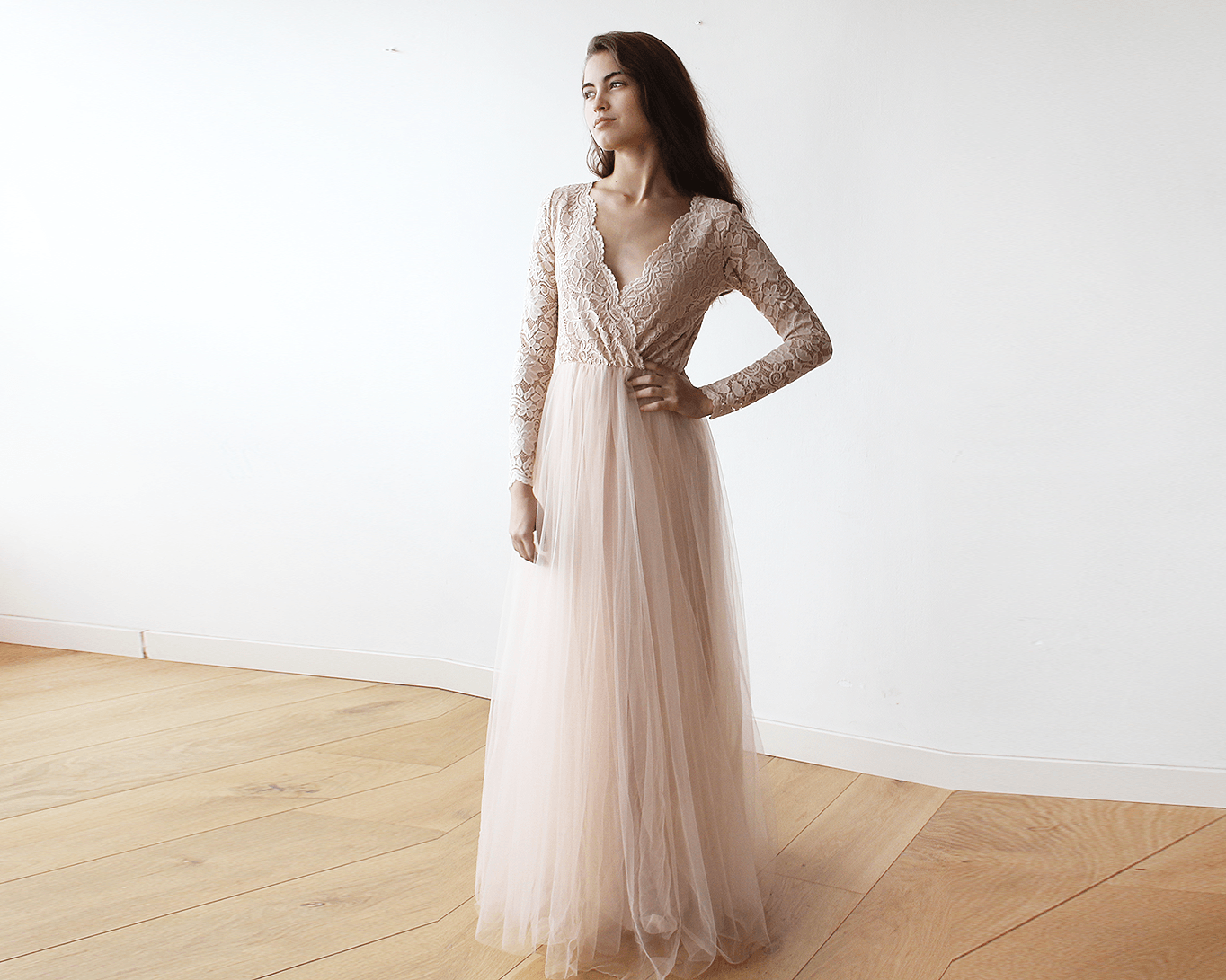 Blush Pink Tulle and Lace Long Sleeves Gown - BlogDresses
