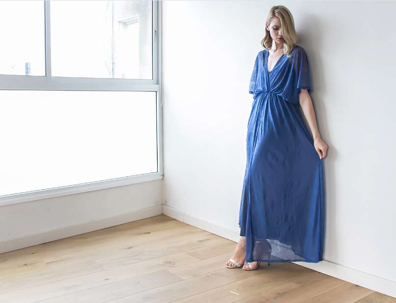 blue sheer lace maxi dress bat wings sleeves blogdresses