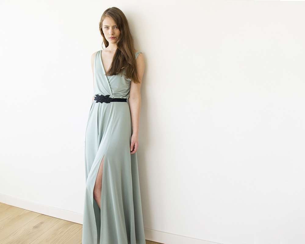 Sage Green Formal Maxi Dress With Front Slit Blogdresses
