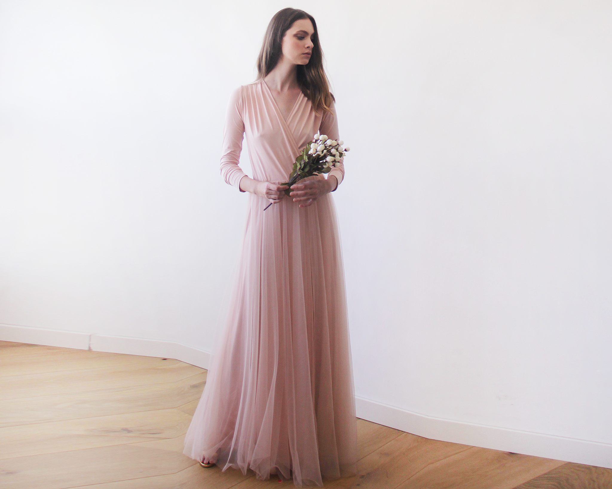 Pink blush maxi tulle dress with long ...