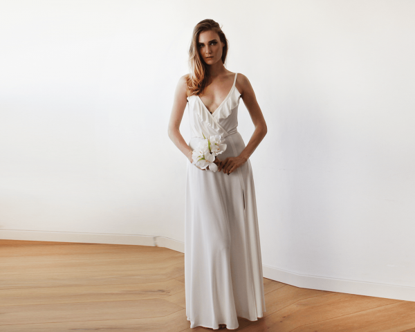 Bridal maxi wrap straps dress with ruffle