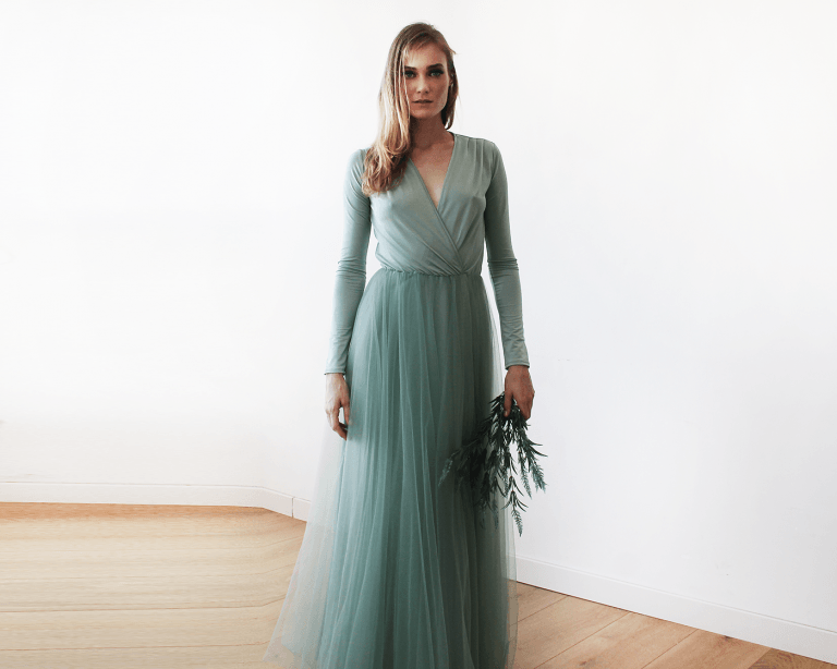 Sage green maxi tulle dress with long sleeves BlogDresses